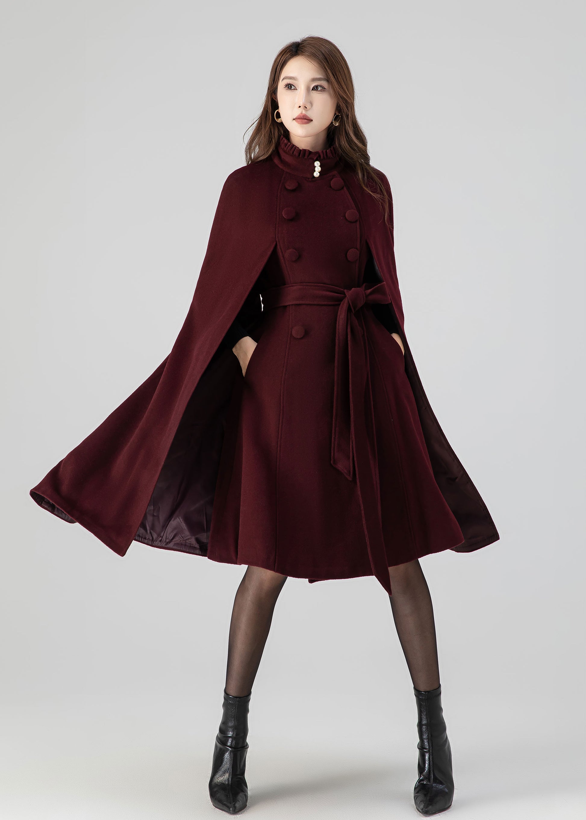 Burgundy Wool Cape Coat – Double Breasted Belted Winter Cloak
