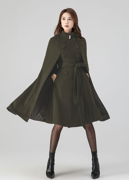 Army Green Wool Cape Coat – Women’s Vintage Stand Collar Cloak with Belt 5552