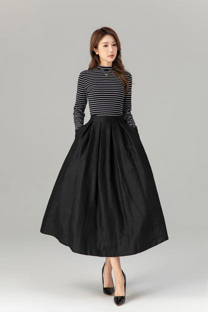 Pleated black midi linen skirt with pockets 4917