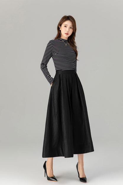 Pleated black midi linen skirt with pockets 4917