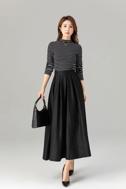 Pleated black midi linen skirt with pockets 4917