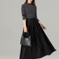 Pleated black midi linen skirt with pockets 4917