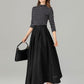 Pleated black midi linen skirt with pockets 4917