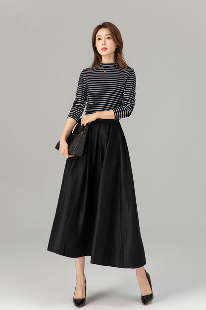 Pleated black midi linen skirt with pockets 4917