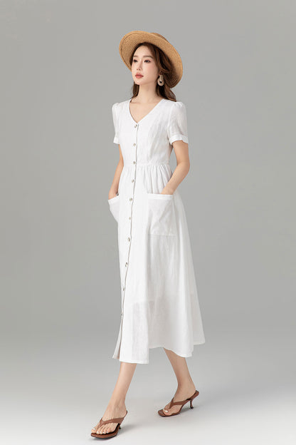 Button down white linen dress with pockets 4922