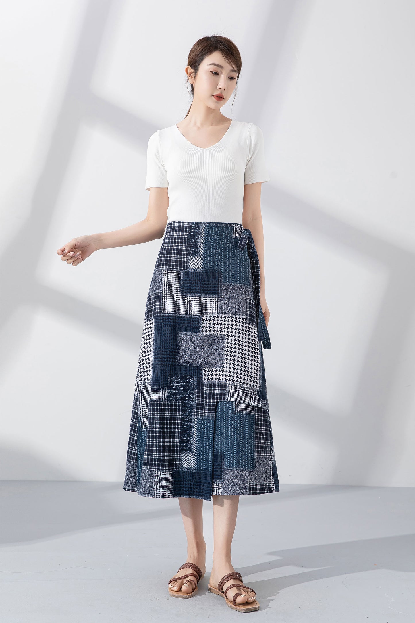 Patchwork midi wrap linen skirt 4222