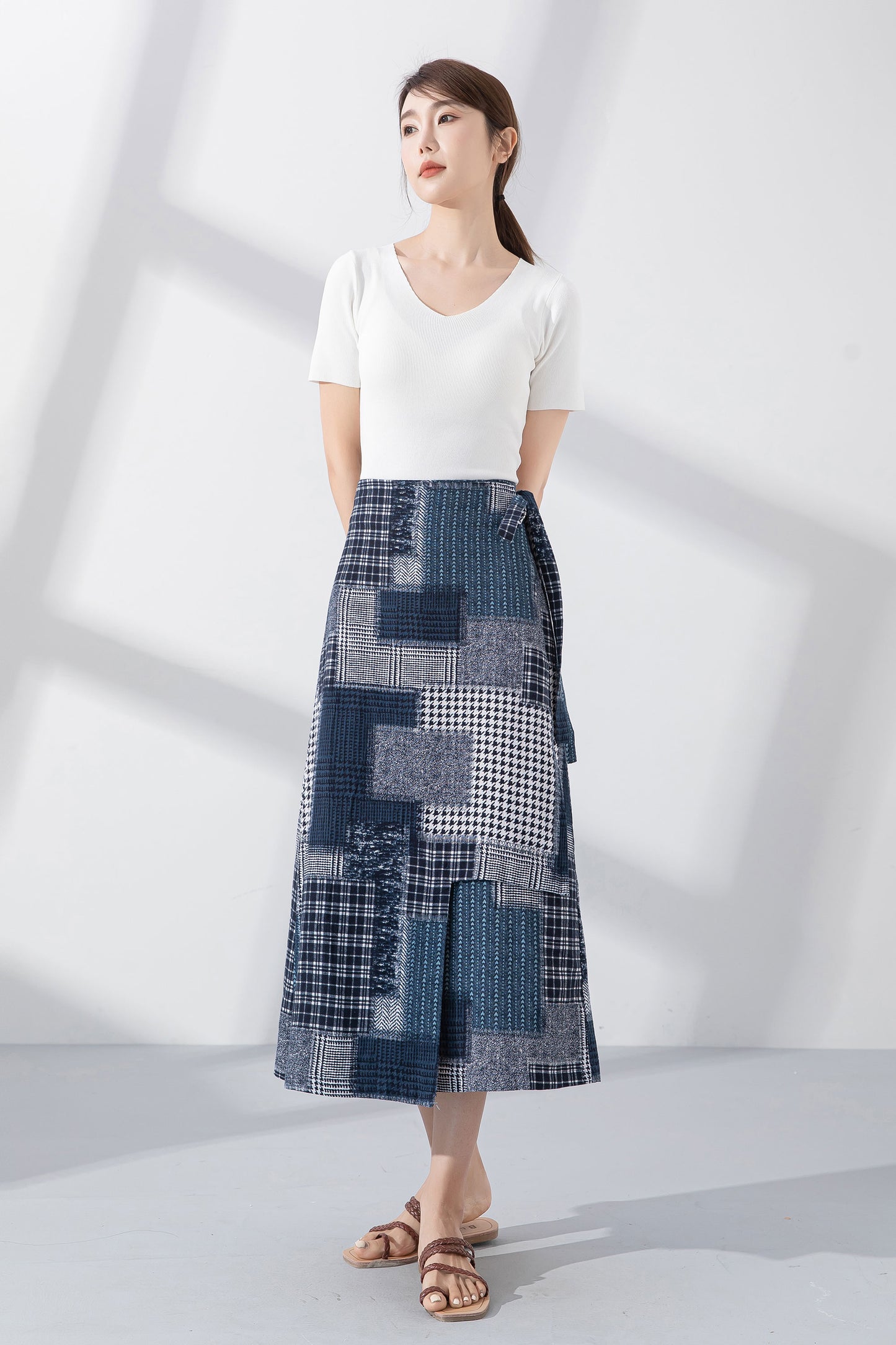 Patchwork midi wrap linen skirt 4222