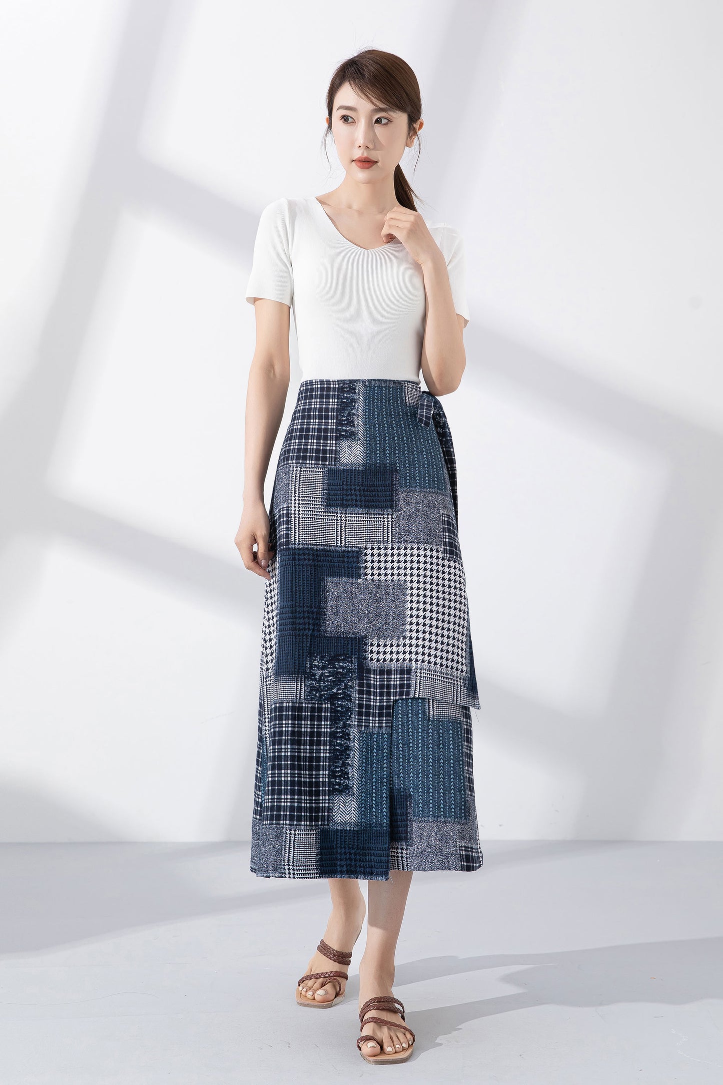 Patchwork midi wrap linen skirt 4222