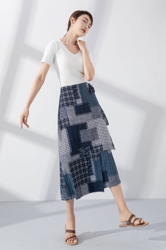 Patchwork midi wrap linen skirt 4222