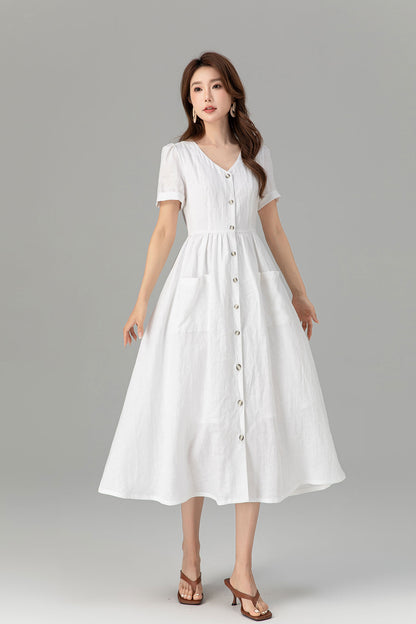Button down white linen dress with pockets 4922