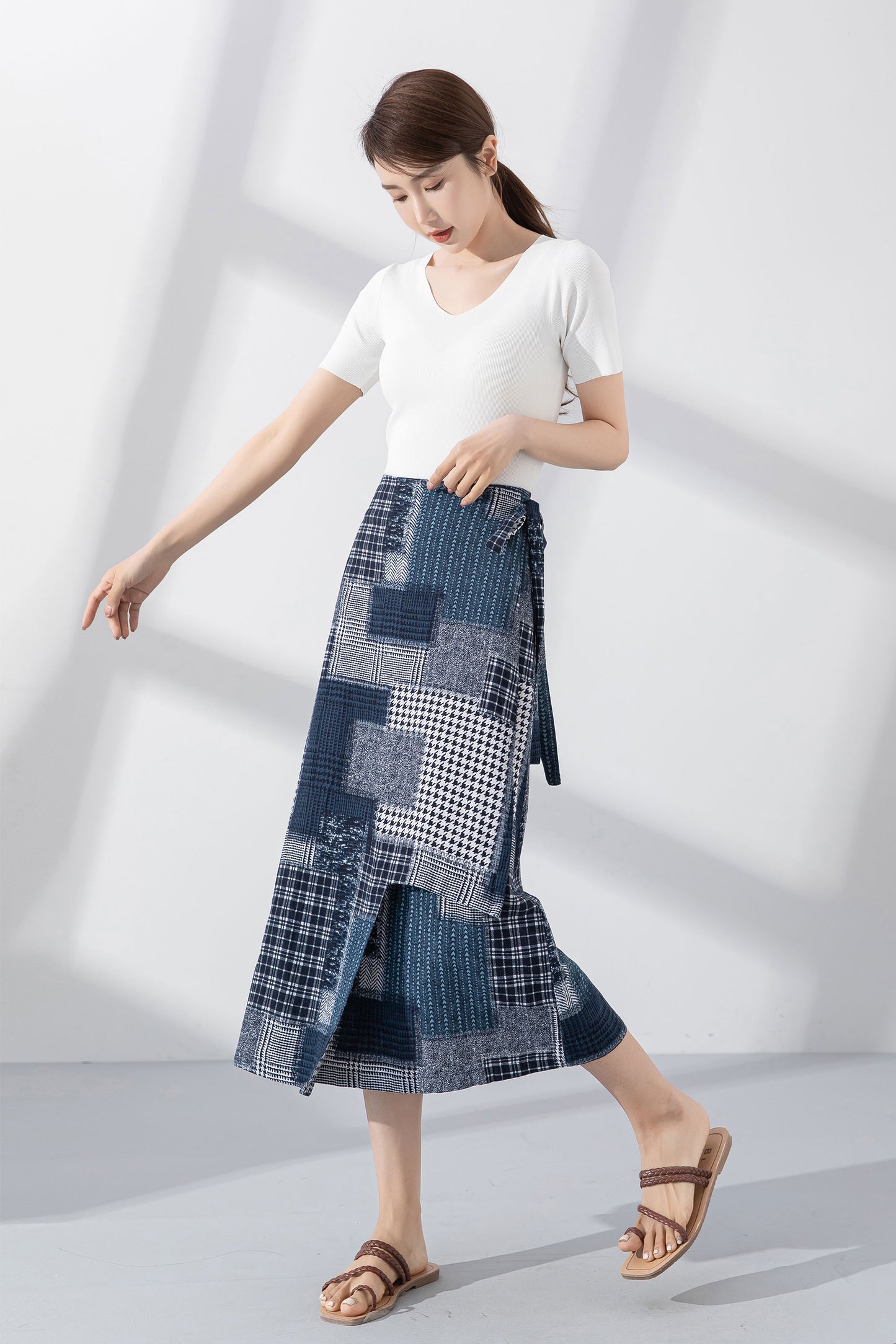 Patchwork midi wrap linen skirt 4222