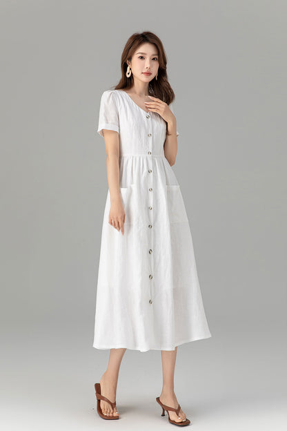 Button down white linen dress with pockets 4922