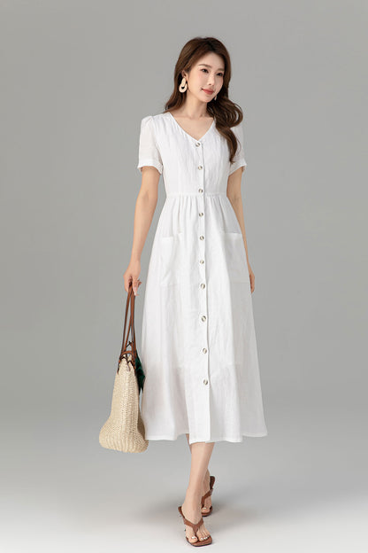 Button down white linen dress with pockets 4922