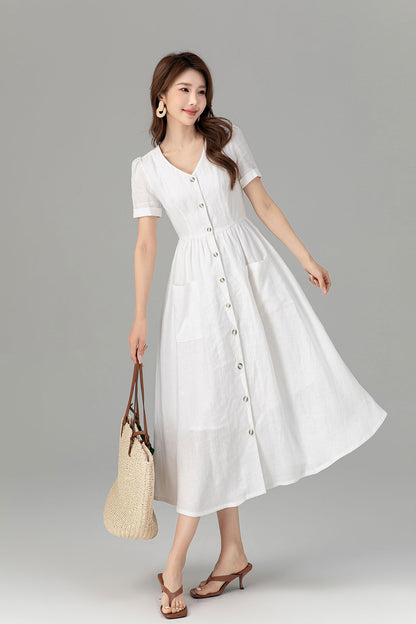 Button down white linen dress with pockets 4922