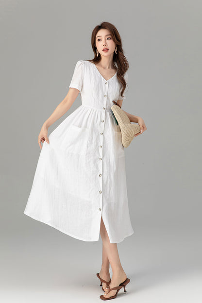 Button down white linen dress with pockets 4922