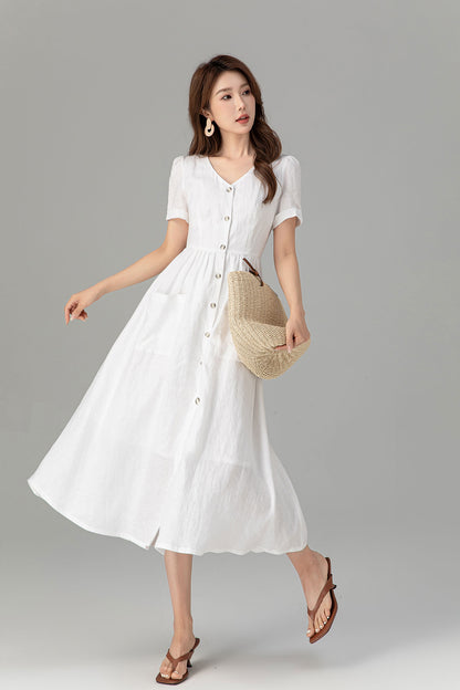 Button down white linen dress with pockets 4922