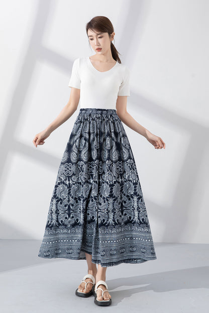Blue Printed Linen Cotton Skirt - Flowing A-Line Silhouette 4223