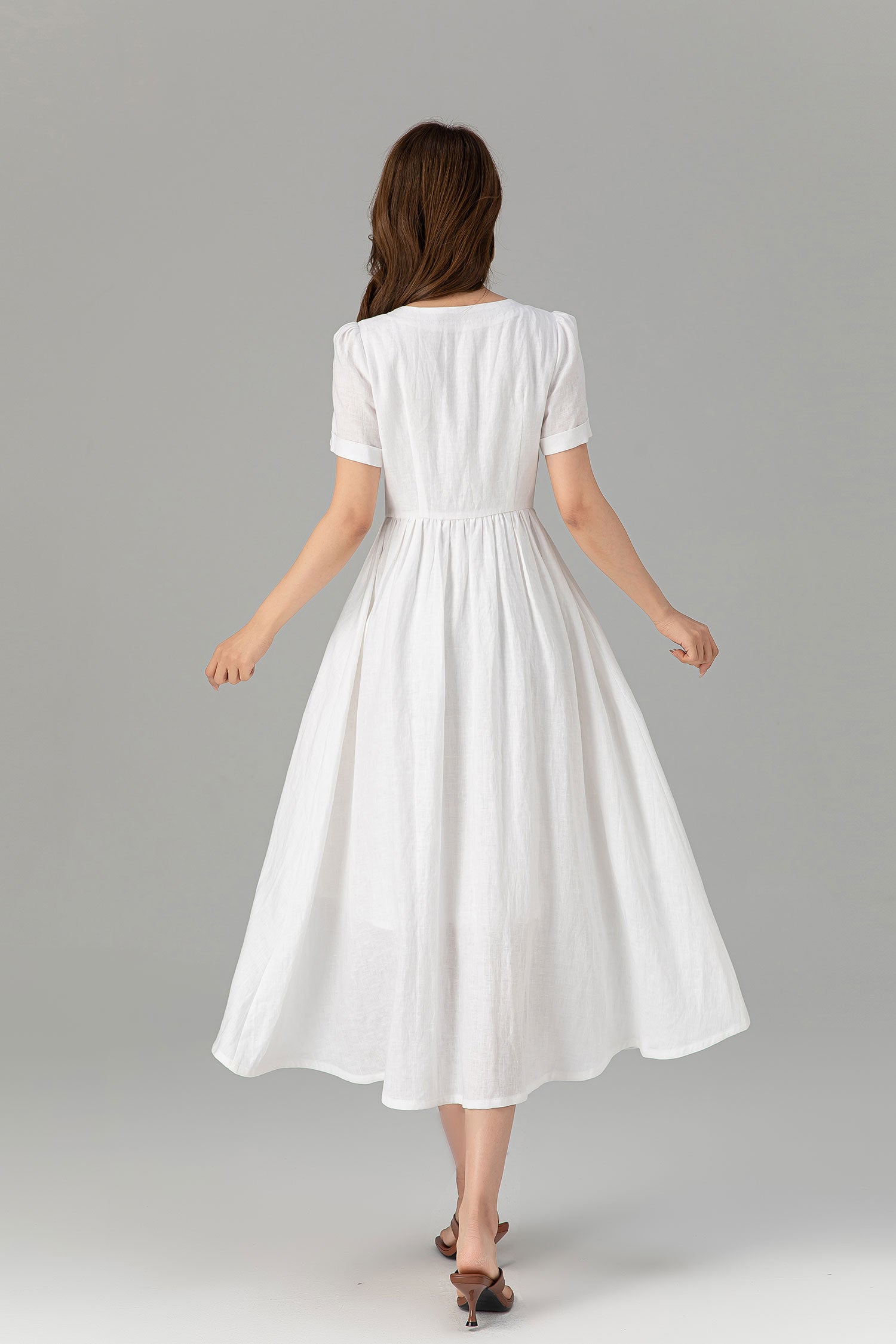 White Linen Midi Dress - Button Down with Pockets 4922