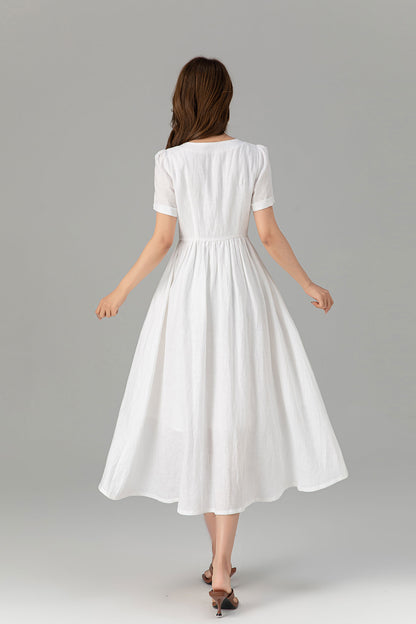 Button down white linen dress with pockets 4922