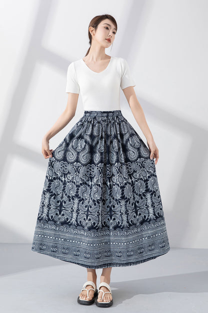 Blue Printed Linen Cotton Skirt - Flowing A-Line Silhouette 4223