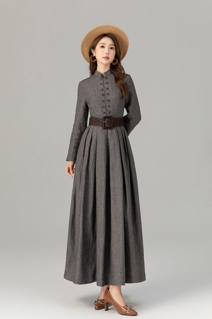 Grey Linen Maxi Dress – Vintage Inspired Long Sleeve Dress with Pockets 4923