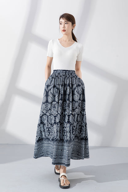 Blue Printed Linen Cotton Skirt - Flowing A-Line Silhouette 4223