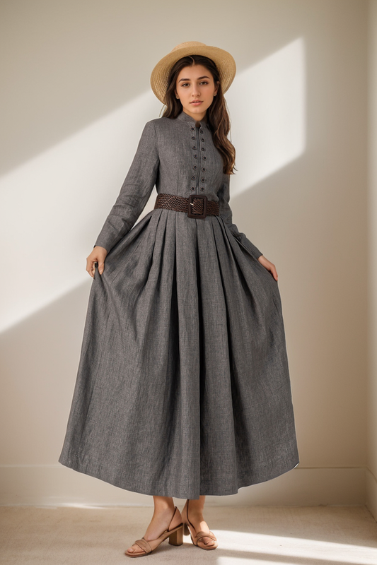 Grey Linen Maxi Dress – Vintage Inspired Long Sleeve Dress with Pockets 4923