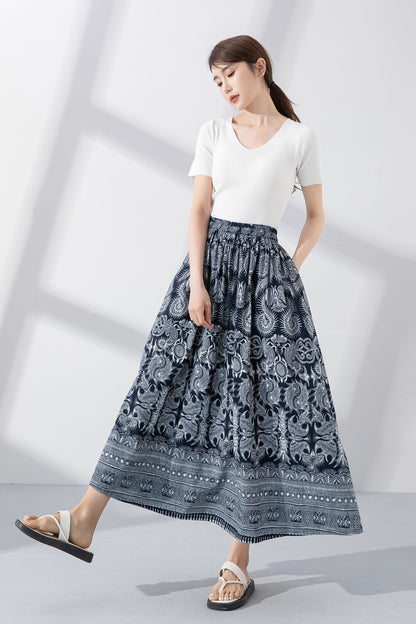 Blue Printed Linen Cotton Skirt - Flowing A-Line Silhouette 4223