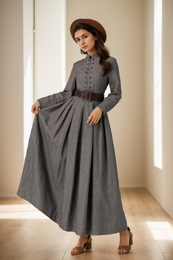 Grey Linen Maxi Dress – Vintage Inspired Long Sleeve Dress with Pockets 4923