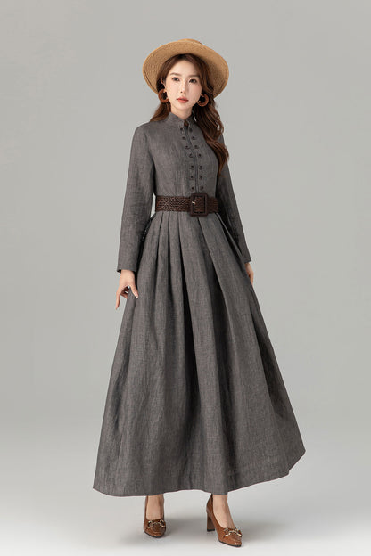 Grey Linen Maxi Dress – Vintage Inspired Long Sleeve Dress with Pockets 4923