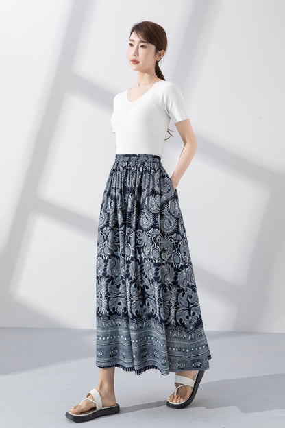 Blue Printed Linen Cotton Skirt - Flowing A-Line Silhouette 4223