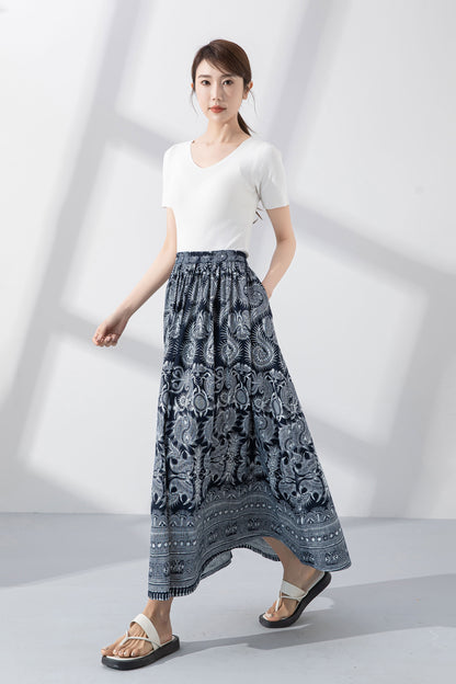 Blue Printed Linen Cotton Skirt - Flowing A-Line Silhouette 4223