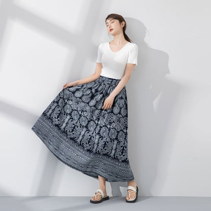 Blue Printed Linen Cotton Skirt - Flowing A-Line Silhouette 4223