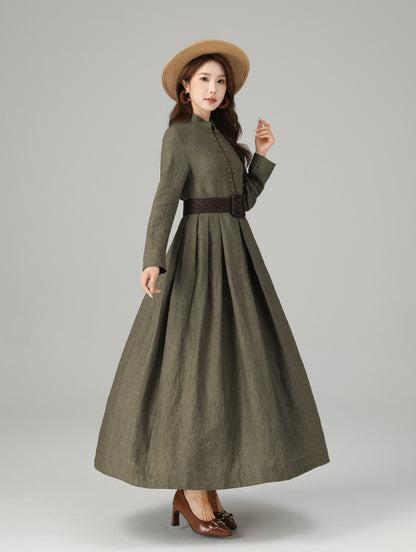 Linen Maxi Dress – Vintage Inspired Long Sleeve Dress with Pockets 6712