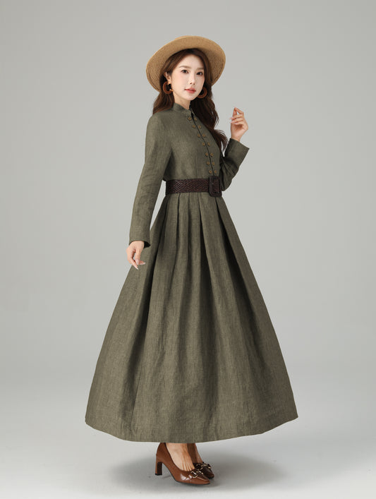 Linen Maxi Dress – Vintage Inspired Long Sleeve Dress with Pockets 6712