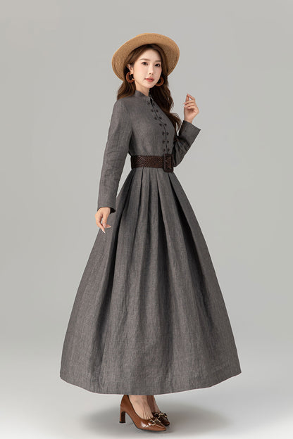 Grey Linen Maxi Dress – Vintage Inspired Long Sleeve Dress with Pockets 4923