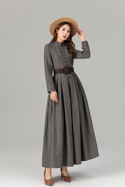 Grey Linen Maxi Dress – Vintage Inspired Long Sleeve Dress with Pockets 4923