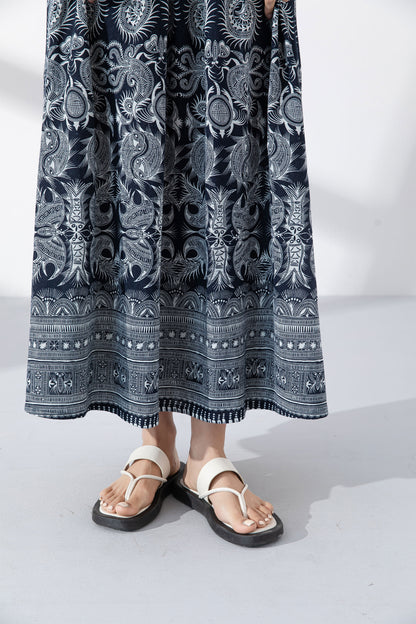 Blue Printed Linen Cotton Skirt - Flowing A-Line Silhouette 4223