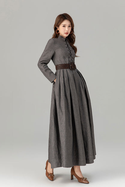 Grey Linen Maxi Dress – Vintage Inspired Long Sleeve Dress with Pockets 4923