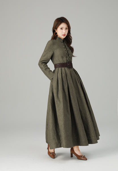 Linen Maxi Dress – Vintage Inspired Long Sleeve Dress with Pockets 6712