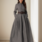 Grey Linen Maxi Dress – Vintage Inspired Long Sleeve Dress with Pockets 4923
