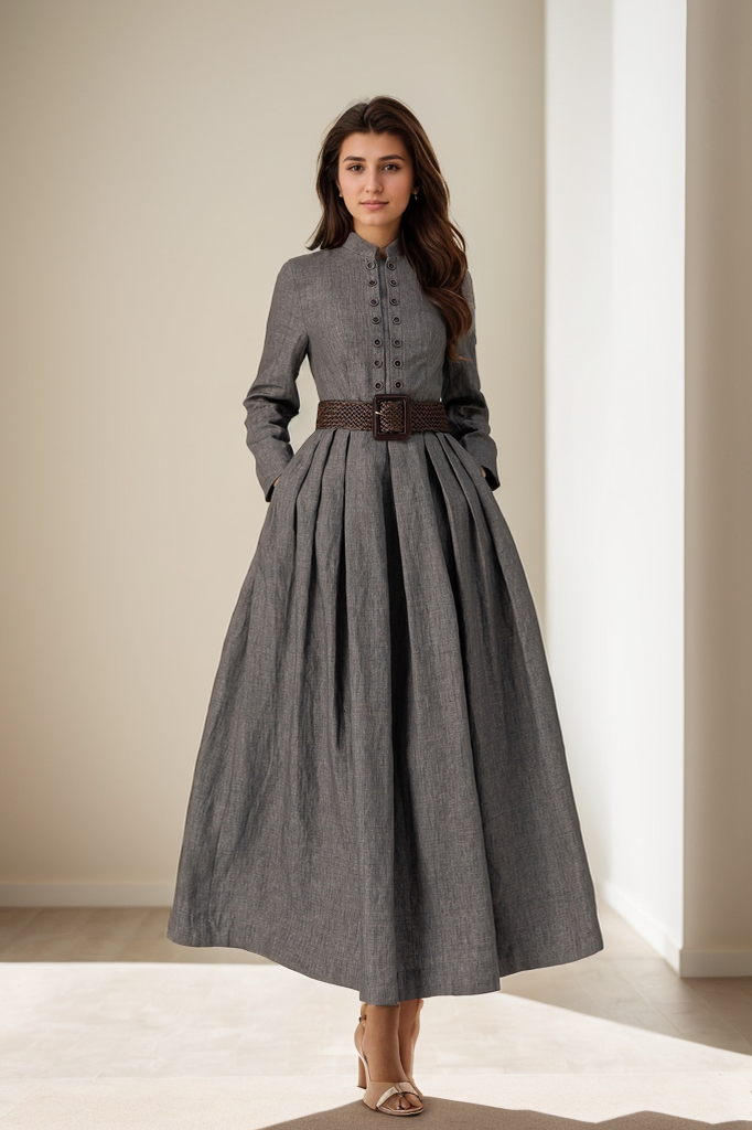 Grey Linen Maxi Dress – Vintage Inspired Long Sleeve Dress with Pockets 4923