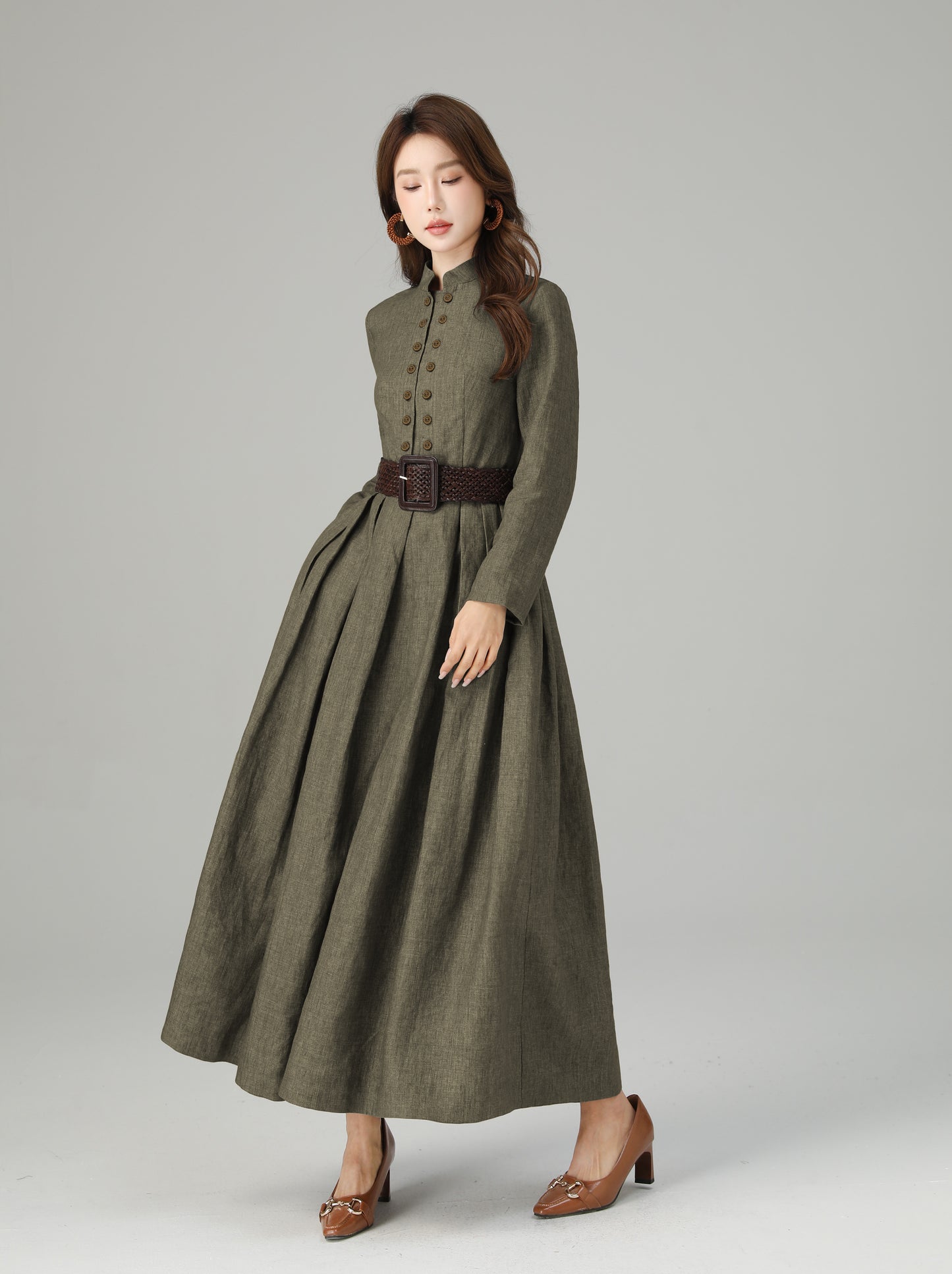 Linen Maxi Dress – Vintage Inspired Long Sleeve Dress with Pockets 6712