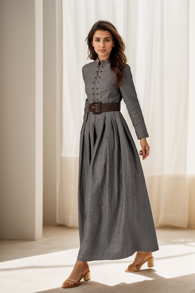 Grey Linen Maxi Dress – Vintage Inspired Long Sleeve Dress with Pockets 4923