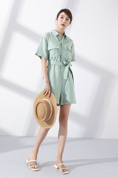 Light Green Linen Jumpsuit - Shirt Collar with Fabric Belt 4224