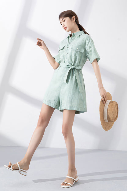 Light Green Linen Jumpsuit - Shirt Collar with Fabric Belt 4224