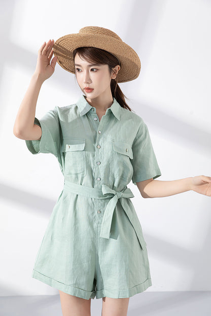 Light Green Linen Jumpsuit - Shirt Collar with Fabric Belt 4224