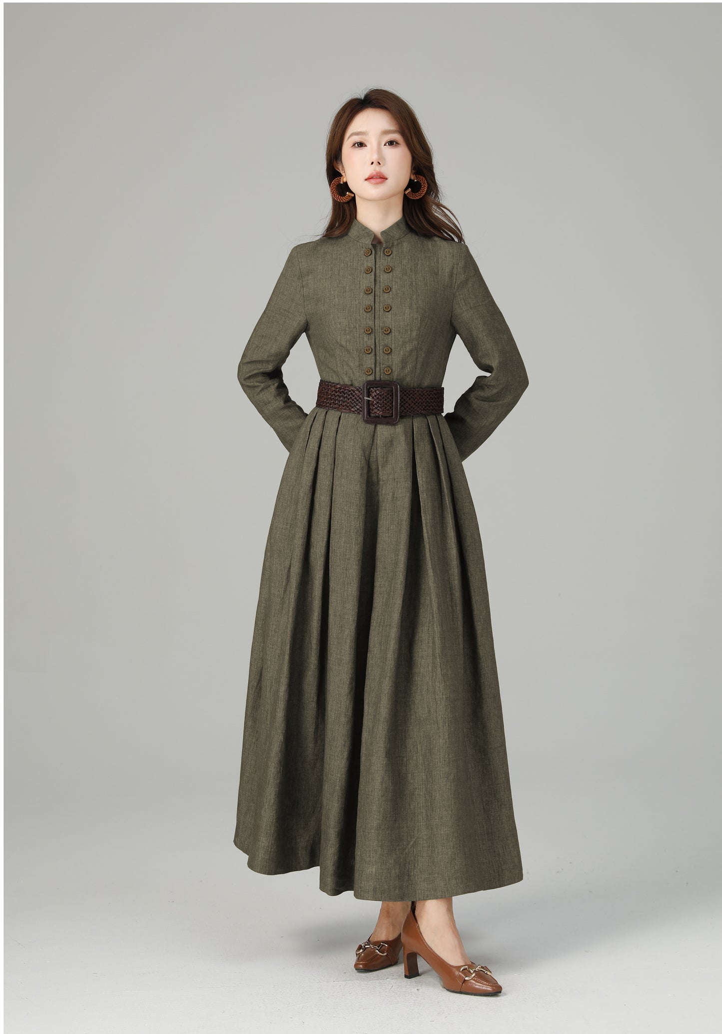 Linen Maxi Dress – Vintage Inspired Long Sleeve Dress with Pockets 6712