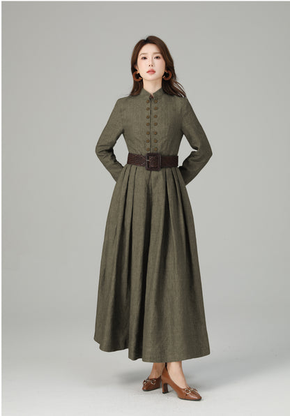 Linen Maxi Dress – Vintage Inspired Long Sleeve Dress with Pockets 6712