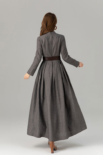 Grey Linen Maxi Dress – Vintage Inspired Long Sleeve Dress with Pockets 4923